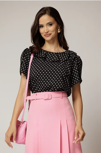 Bluza neagra cu buline din viscoza cu funda la decolteu si volanas