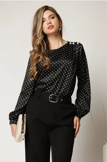 Bluza neagra cu buline eleganta din voal satinat cu perle pe umar