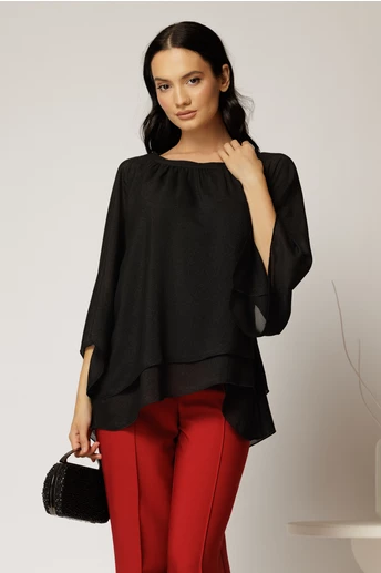 Bluza neagra cu fir lurex discret din voal cu volane suprapuse