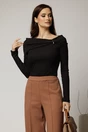 Bluza neagra din bumbac cu decolteu barcuta si brosa, 1, dyfashion.ro