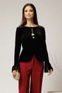 Bluza neagra din catifea cu maneci clopot snur si nasturi la decolteu, 1, dyfashion.ro