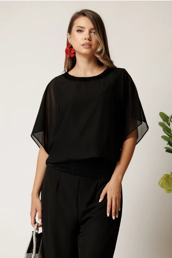 Bluza negra din voal lejera cu banda elastica si lurex