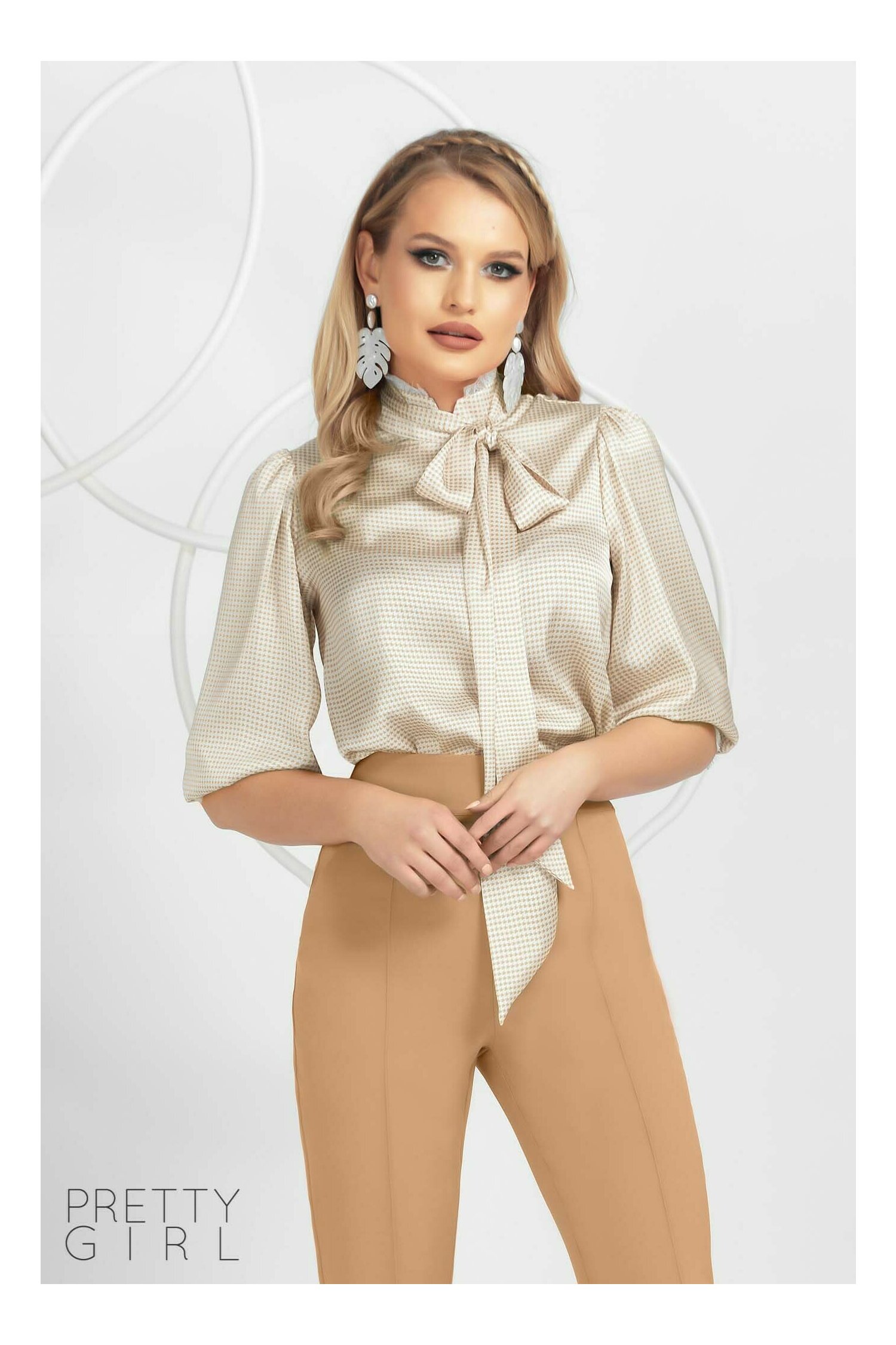 Bluză Pretty Girl bej cu imprimeu picior de cocos cu eșarfa detasabila dyfashion.ro imagine 2022 13clothing.ro