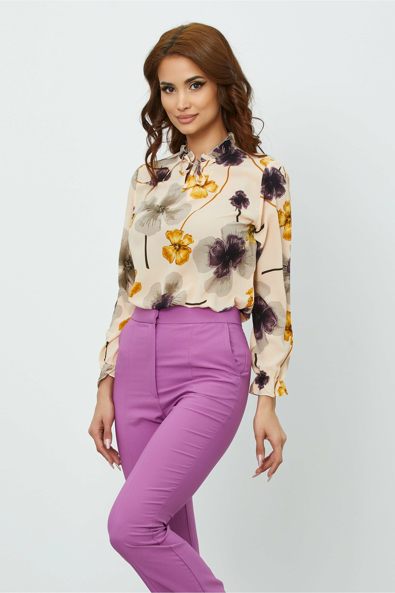 Bluza raluca beige cu imprimeu floral mov-galben