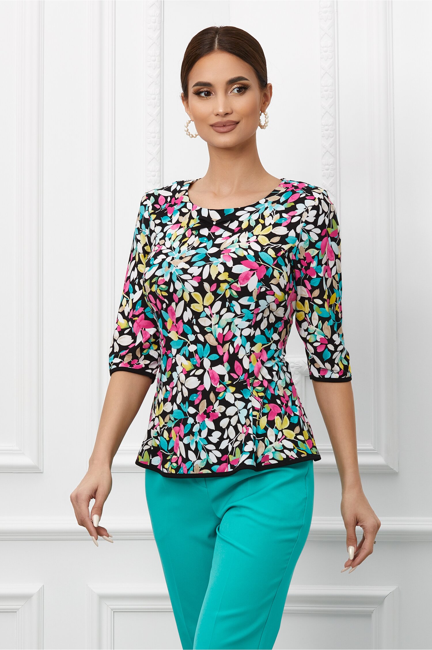 Bluza rona neagra cu imprimeu frunze colorat