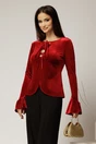 Bluza rosie din catifea cu maneci clopot snur si nasturi la decolteu, 1, dyfashion.ro