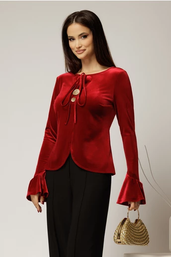 Bluza rosie din catifea cu maneci clopot snur si nasturi la decolteu