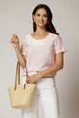 Bluza roz cu buline din rayon si broderie la decolteu, 1, dyfashion.ro