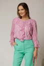 Bluza roz cu imprimeuri florale fucsia si volanas la decolteu, 1, dyfashion.ro