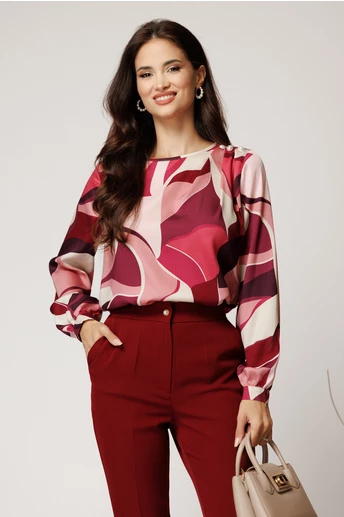 Bluza roz eleganta din voal satinat cu imprimeu magenta si perle pe umar