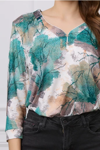 Bluza Sabrina alba cu imprimeu maro si verde