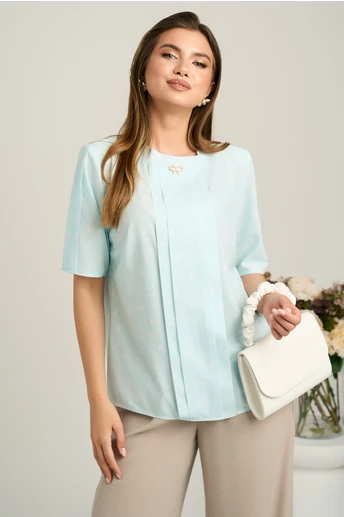 Bluza turcoaz din viscoza cu buline si accesoriu metalic delicat