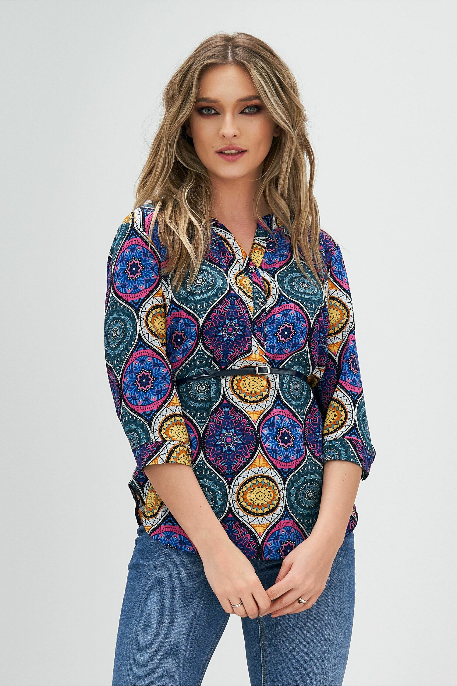 Bluza vanessa bleumarin cu imprimeu mandala si curea in talie