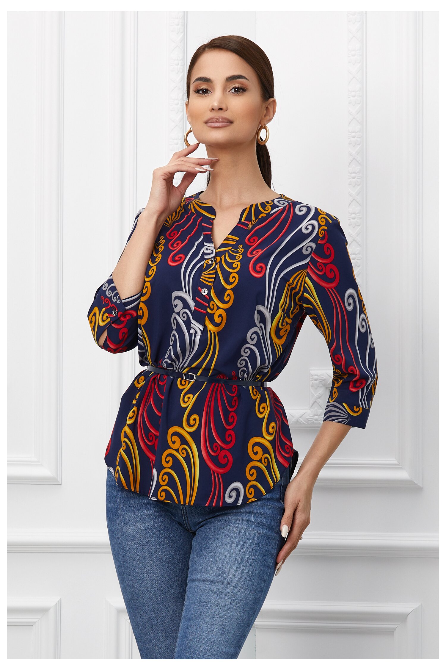 Bluza vanessa bleumarin cu imprimeu rosu-mustar si curea in talie