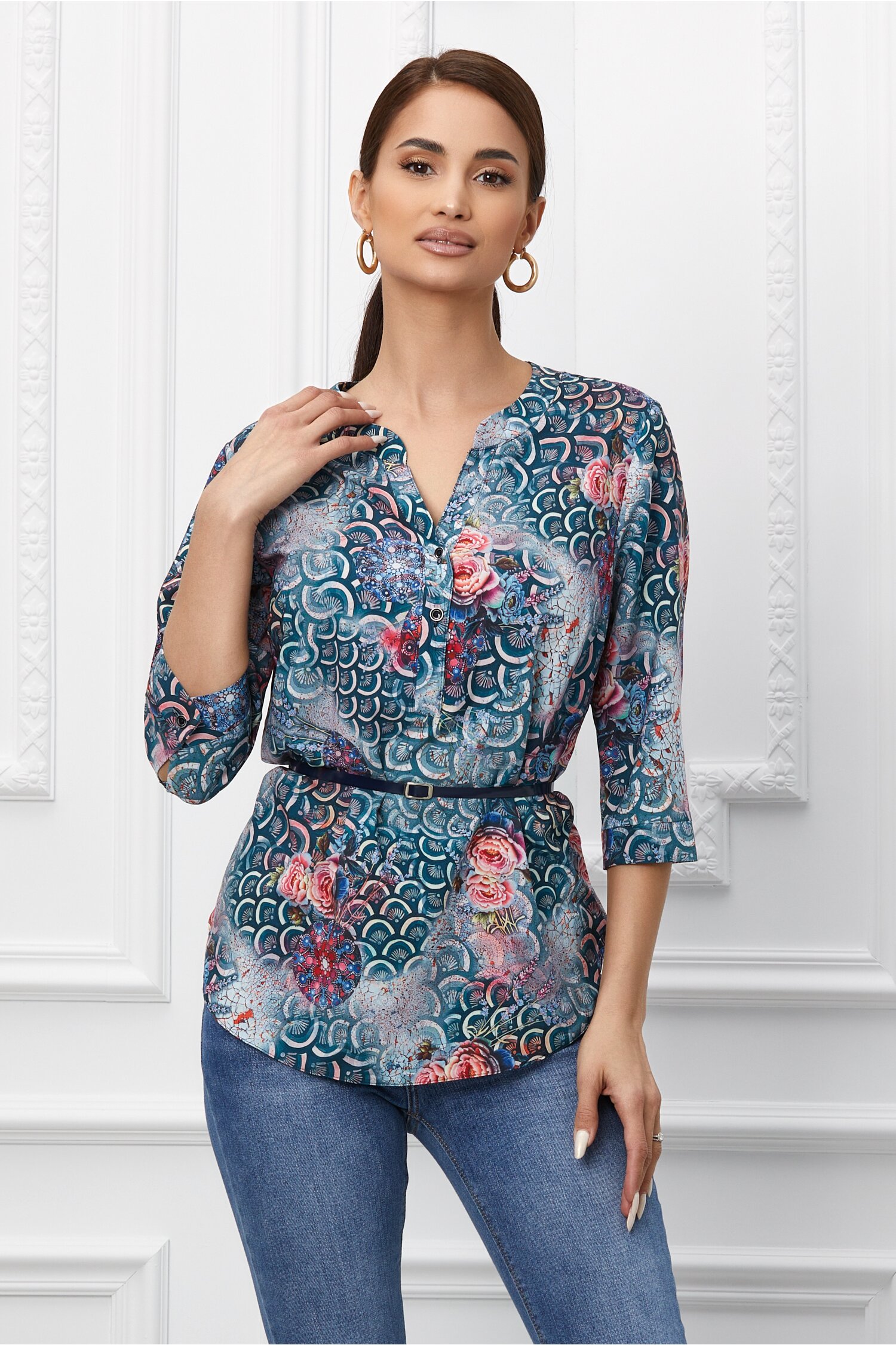 Bluza vanessa verde cu imprimeu floral si curea in talie