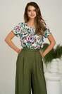 Bluza verde cu imprimeu fucsia din viscoza lejera cu floare la bust, 1, dyfashion.ro