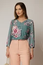 Bluza verde cu imprimeuri florale si volan pe bust, 1, dyfashion.ro