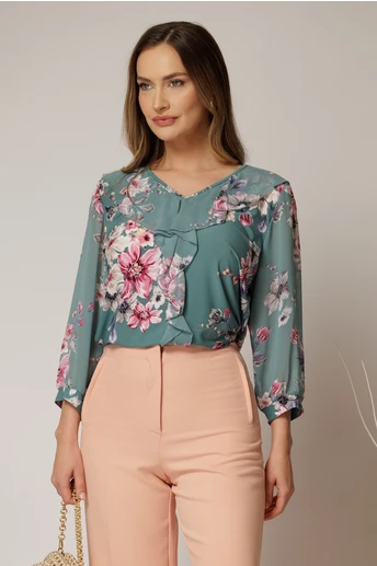 Bluza verde cu imprimeuri florale si volan pe bust