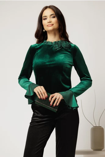 Bluza verde din catifea cu detaliu floral si guler incretit