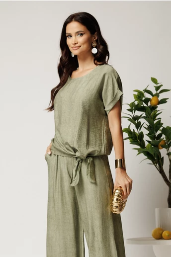 Bluza verde fistic din viscoza cu croi lejer si nod la baza