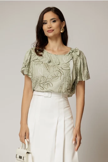 Bluza verde fistic din viscoza cu funda la decolteu si volanas