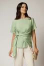 Bluza verde fistic din viscoza cu nod in talie si croi lejer si maneci scurte, 1, dyfashion.ro