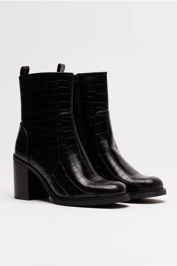 Botine negre din piele ecologica cu textura tip croco