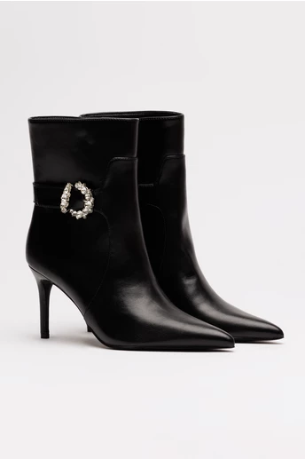 Botine negre din piele ecologica cu toc subtire si accesoriu