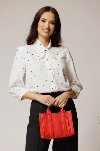 Camasa alba cu buline negre cu funda la guler si inchidere cu nasturi