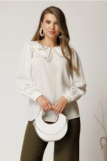 Camasa alba din crep cu guler tip funda si perla