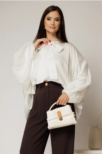 Camasa alba din tencel cu maneca ampla si guler tip esarfa