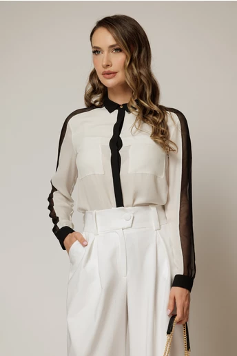 Camasa alba din voal cu insertii negre in contrast