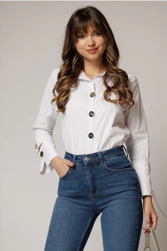 Camasa alba scurta din poplin cu mansete deosebite si croi drept