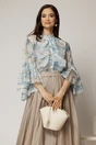 Camasa bleu cu imprimeuri florale si volanase la maneci si bust, 1, dyfashion.ro