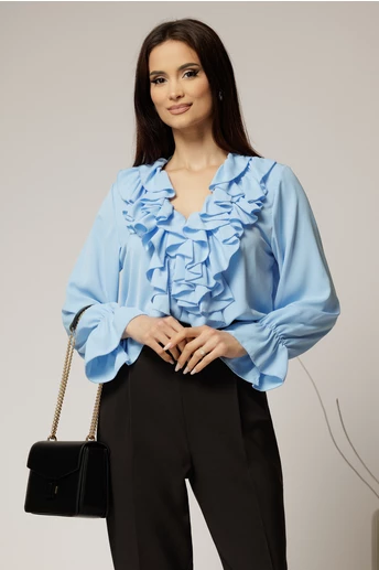 Camasa bleu din voal cu volanase la bust si decolteu adanc