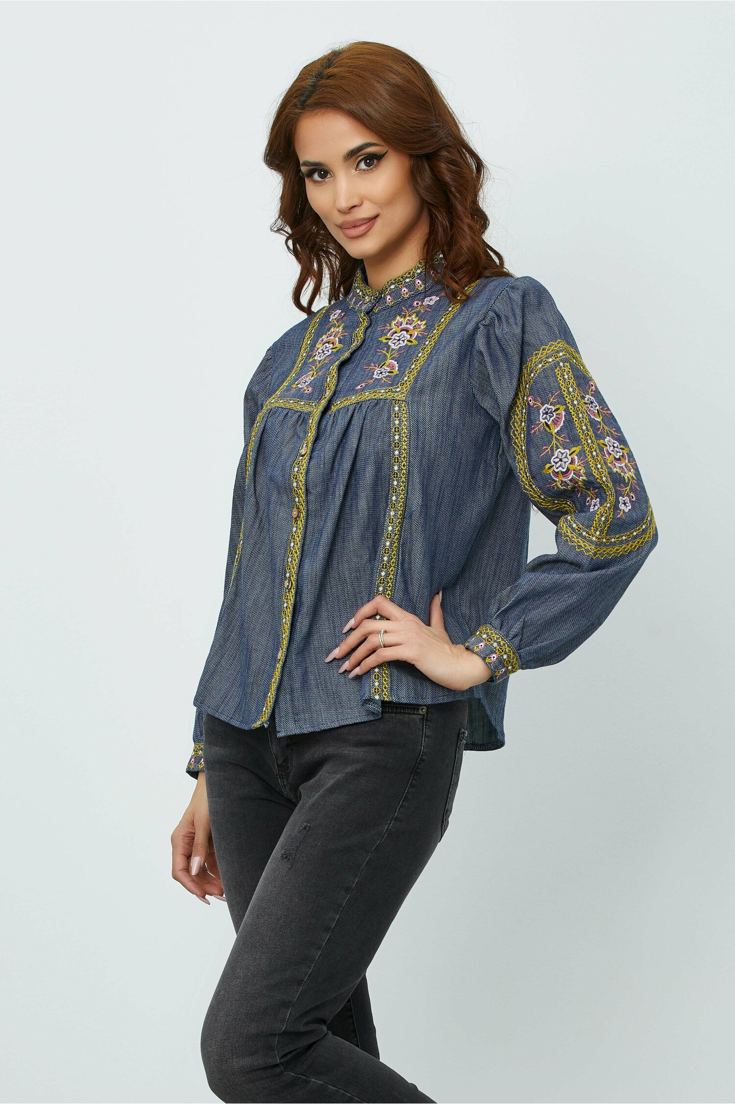 Camasa camelia denim cu broderie