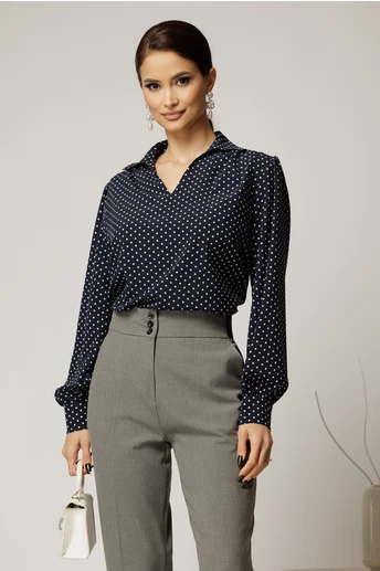 Camasa dama bleumarin cu buline cu decolteu adanc si maneca lunga