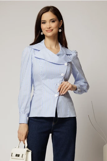 Camasa DY Fashion din poplin cu dungi bleu si nasturi asimetrici