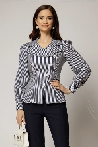 Camasa DY Fashion din poplin cu dungi bleumarin si nasturi asimetrici