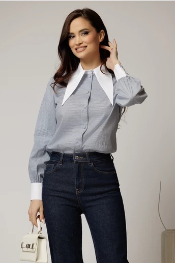 Camasa din poplin cu imprimeu bleu si negri si guler ascutit