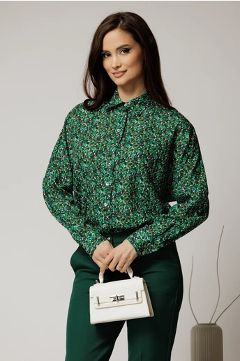 Camasa din voal ivoar cu imprimeuri in nuante de verde