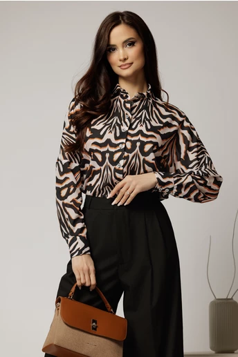 Camasa din voal ivoar cu imprimeuri negru oranj