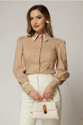 Camasa DY Fashion bej cambrata din poplin cu insertie la guler
