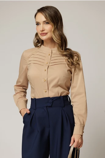 Camasa DY Fashion bej din poplin cu croi cambrat si nervuri pe bust