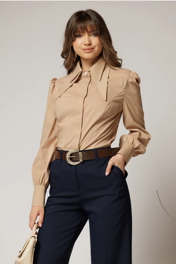 Camasa DY Fashion bej din poplin cu guler dublu si croi cambrat