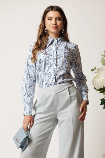 Camasa DY Fashion bleu cu dungi albe din bumbac cu guler supradimensionat