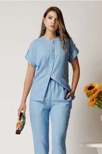 Camasa DY Fashion bleu din material vaporos cu croi drept si nasturi