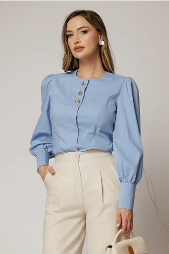 Camasa DY Fashion bleu din poplin cu croi cambrat si nasturi decorativi