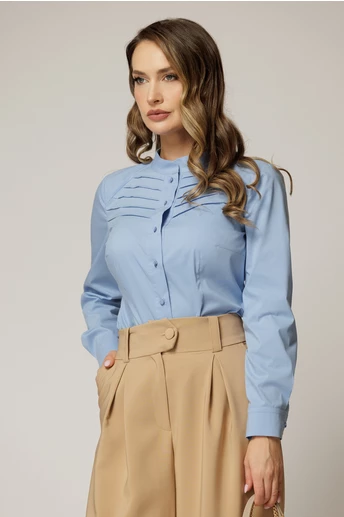 Camasa DY Fashion bleu din poplin cu croi cambrat si nervuri pe bust