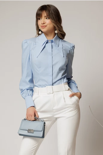 Camasa DY Fashion bleu din poplin cu guler dublu si croi cambrat